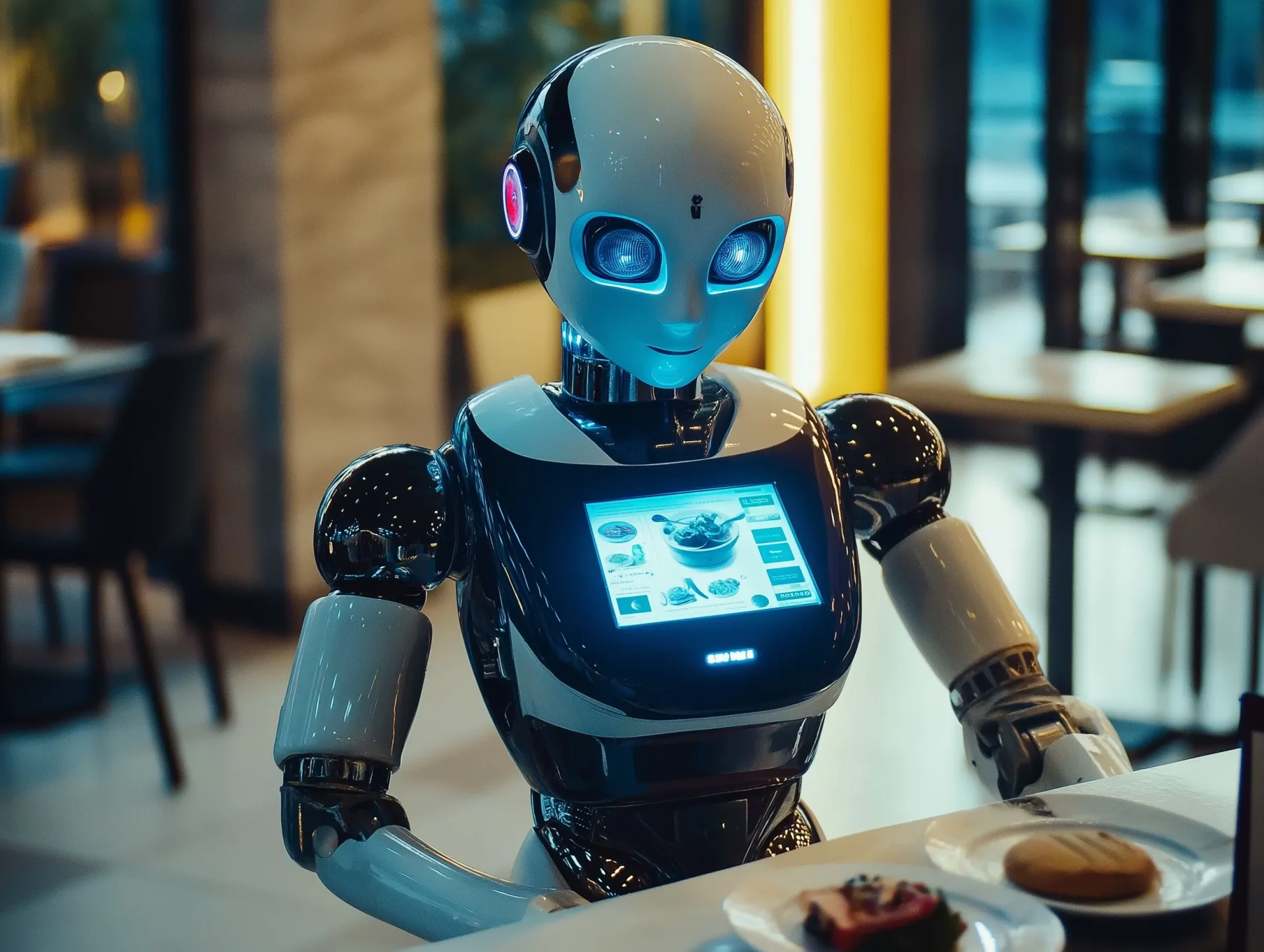 Ein humanoider Roboter serviert die Gäste in einem Restaurant, auf einem Display auf der Brust sind die Gerichte sichtbar.