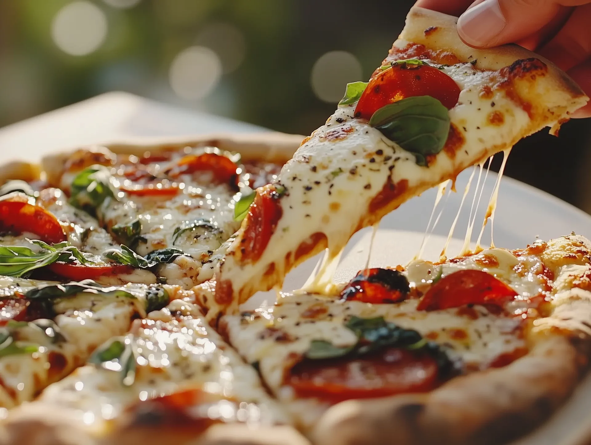 Eine frische Pizza mit geschmolzenem Käse, Tomaten, Basilikum und Kräutern. Ein Stück Pizza wird angehoben, der geschmolzene Käse zieht sich in Fäden.