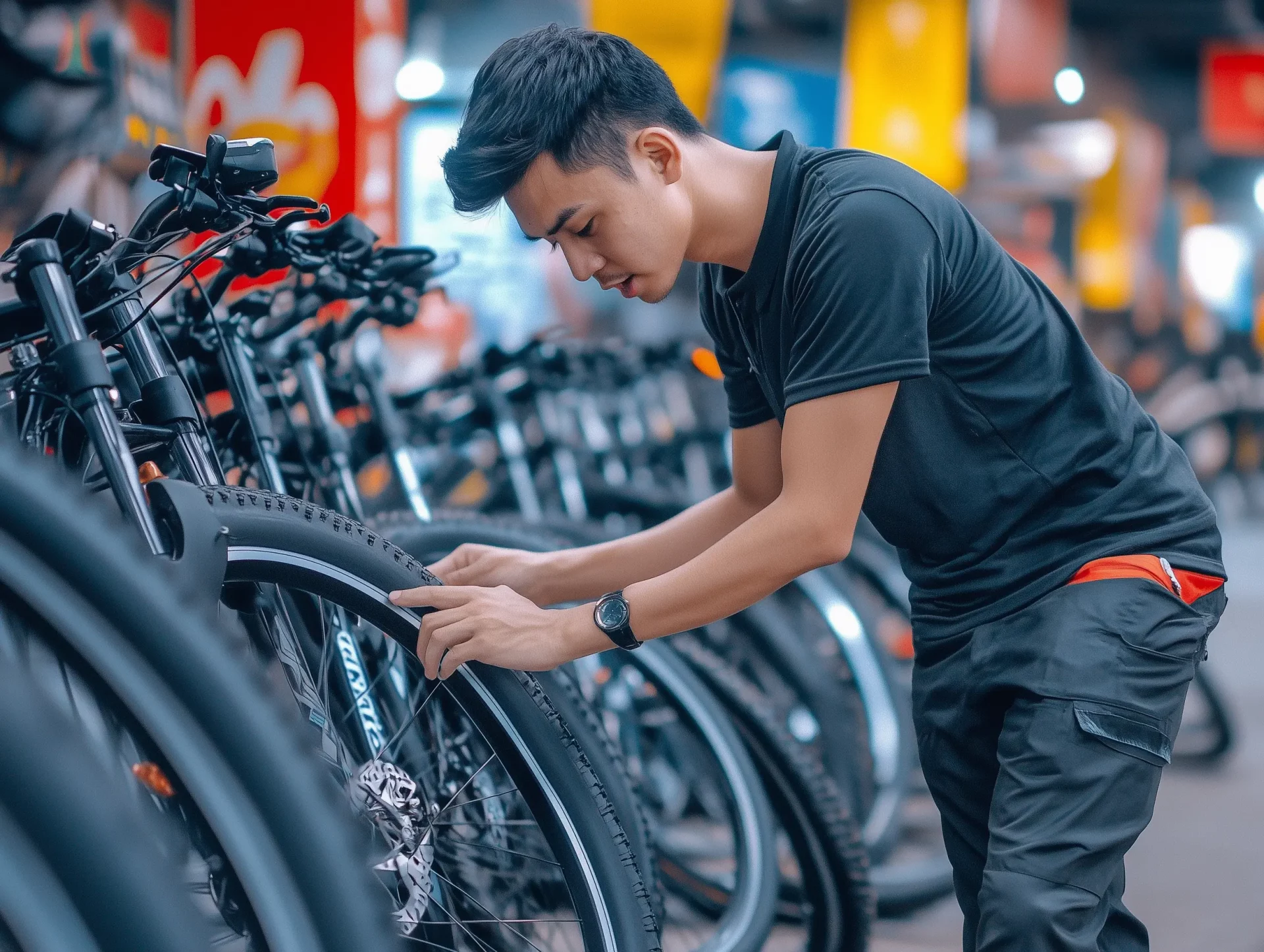 Ein Mann inspiziert die Reifen eines Fahrrads in einem Ebike Franchise. Mehrere Fahrräder stehen in einer Reihe im Hintergrund