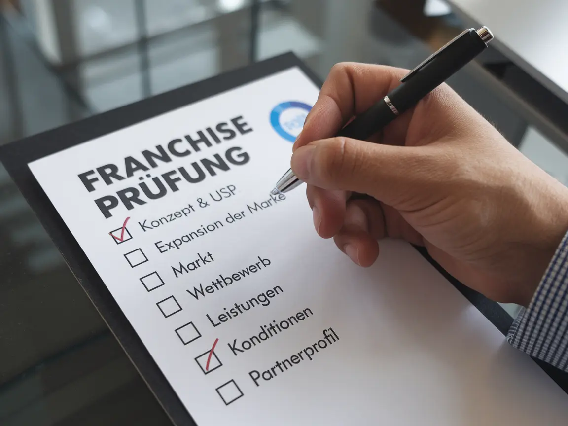 Hand mit Stift kreuzt eine Checkliste zur Franchise-Prüfung an. Auf der Liste stehen Punkte wie Konzept, Markt, Wettbewerb und Konditionen.