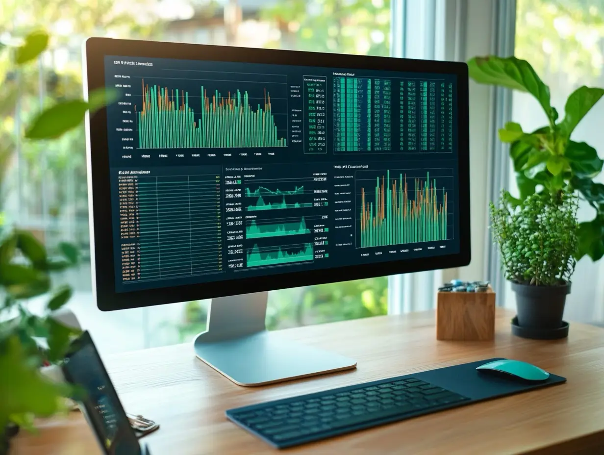 Computer mit Dashboard aus Finanzkennzahlen, Diagrammen und Tabellen auf einem Holztisch mit Pflanzen und natürlichem Licht im Hintergrund.