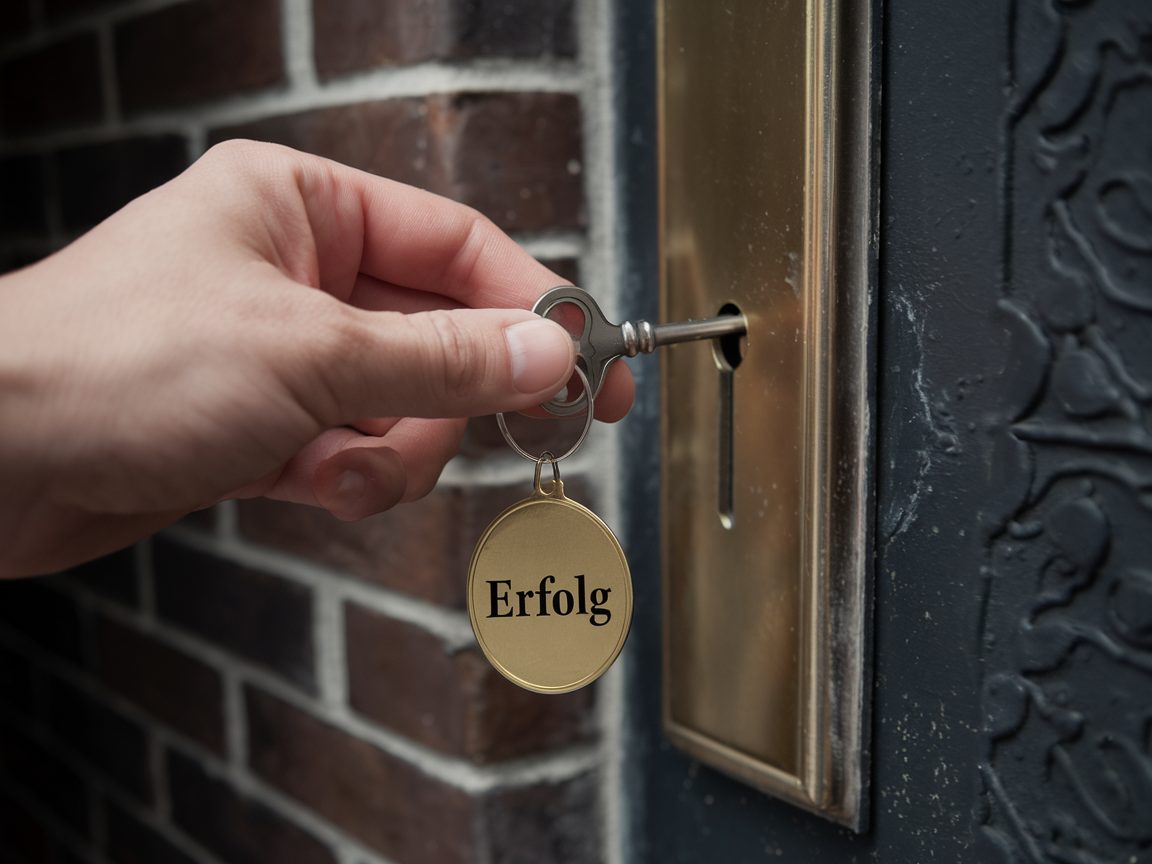 Eine Hand steckt einen Schlüssel in ein Türschloss. Am Schlüsselbund hängt ein runder, goldener Anhänger mit der Aufschrift „Erfolg“. Die Tür hat eine verzierte dunkle Oberfläche, und die Wand daneben besteht aus roten Ziegelsteinen mit hellen Fugen.